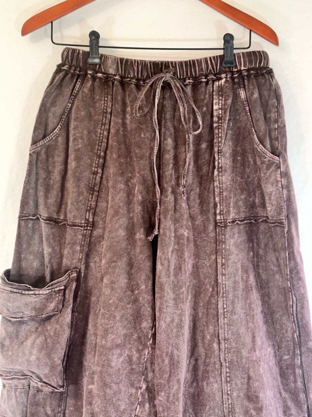 Easel Los Angeles Brown Mineral Wash Wide Leg Pants Boho Cargo Drawstring Size S - Picture 3 of 11